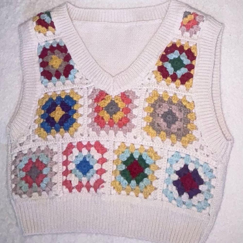 Crochet boho festival cream orange yellow red 70s style crop knit top
